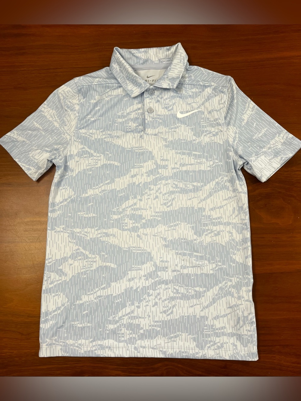 Nike Golf Dri-FIT Boys Polo Shirt Size S Small Blue Camo Printed Short Sleeve